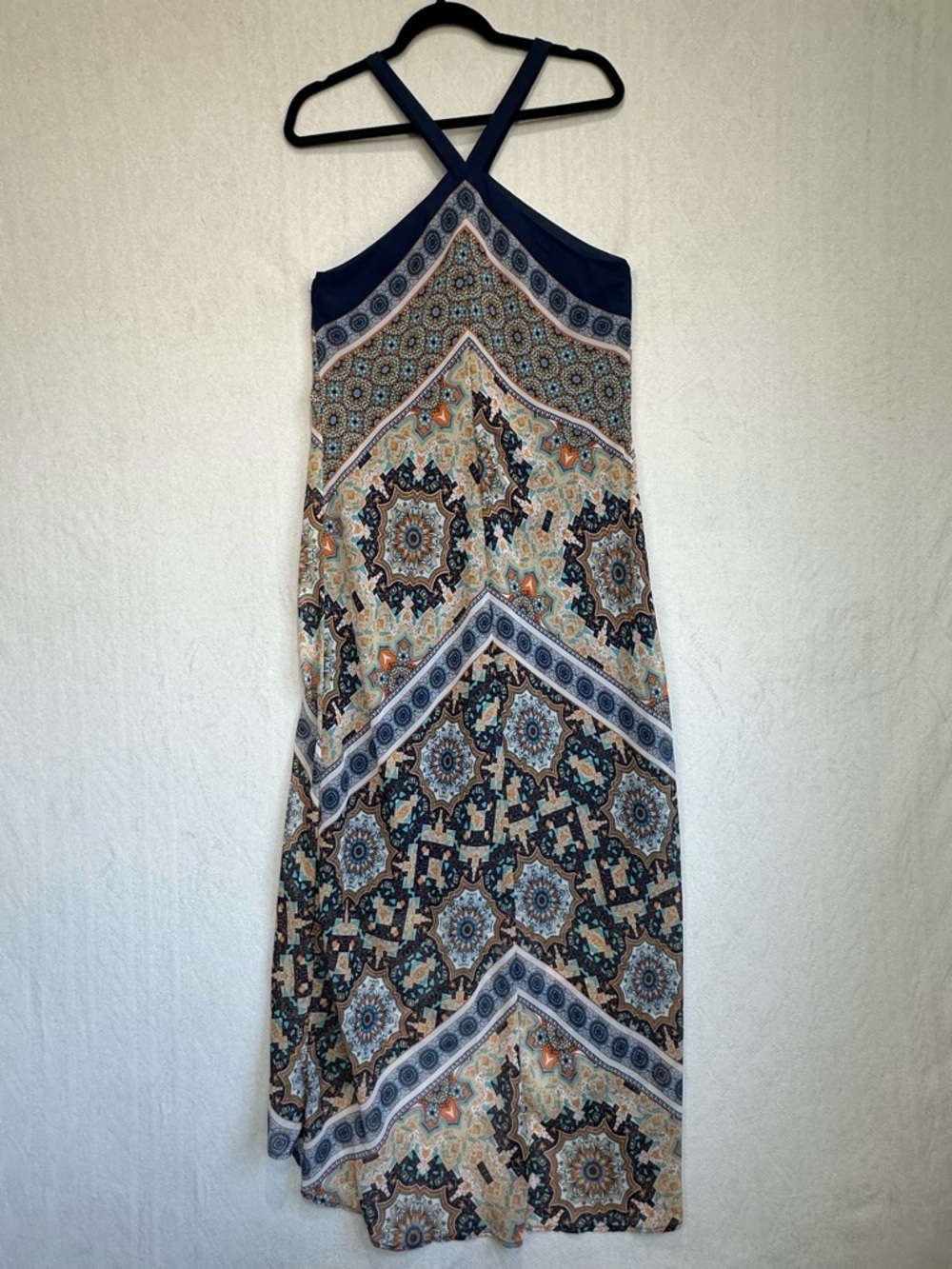 Emma & Michele Navy and Cream Boho Halter Maxi Dress Sz 12 Handkerchief - Picture 8 of 14